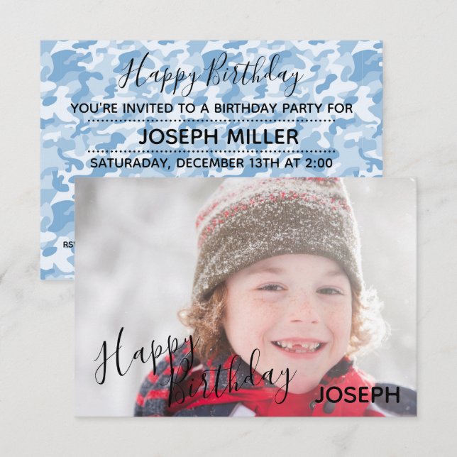 Foto de Cumpleaños Azul Camuflaje-3x5 Invitación d (Anverso / Reverso)