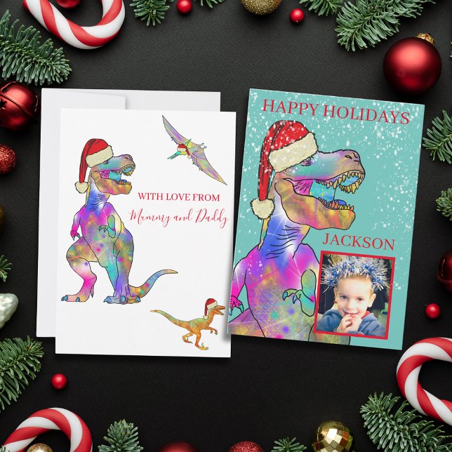 Foto de dinosaurio T-Rex de Navidad con sombrero d (Christmas dinosaur T-Rex wearing a Santa hat custom photo template holiday greetings card)