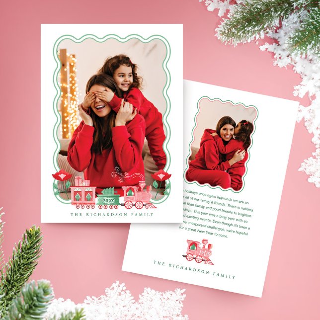 Foto de entrega de árbol de navidad en tren de cos (Pink Vintage Train Christmas Tree Delivery Photo Holiday Card)