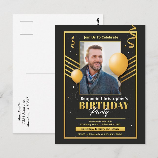 Foto de fiesta de cumpleaños Invitación de oro neg (Anverso / Reverso)