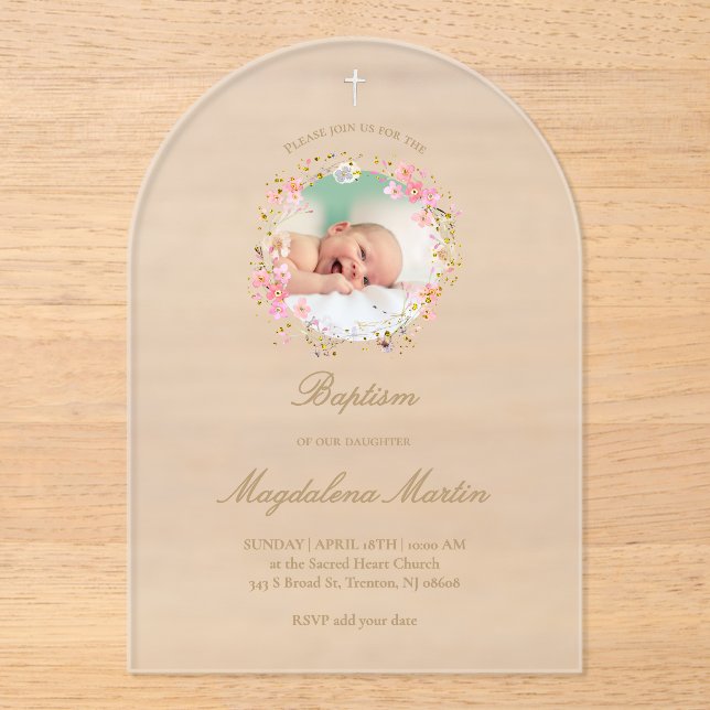 foto de flor wreath | Invitación al bautismo (Anverso)