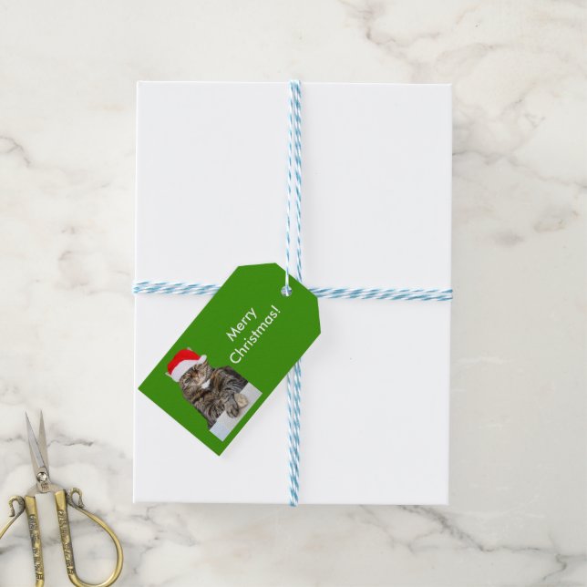 Foto de gato navidad en etiqueta de regalo de Sant (Con cuerda)