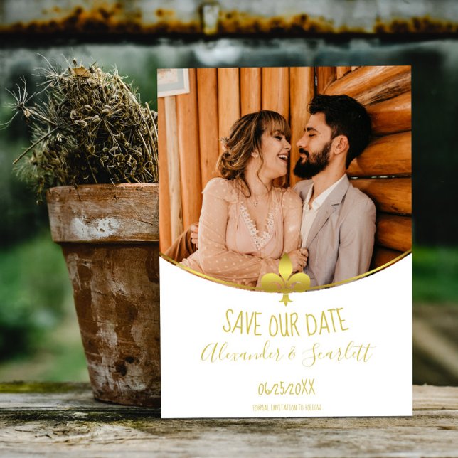 Foto De Gold Fleur De Lis Guardar El Anuncio De Fe (Gold Fleur de Lis Photo Save the Date)