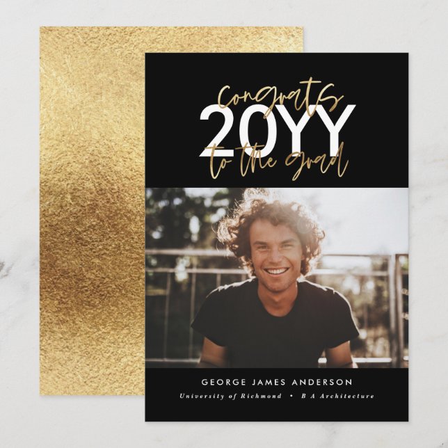 Foto de graduación de escritura moderna en negro y (Anverso / Reverso)