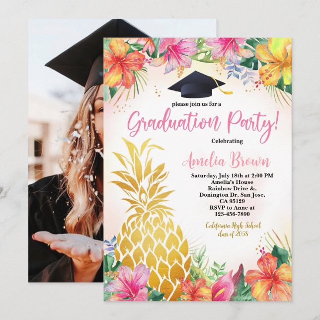Foto de graduación de piña Invitación a Lua tropic (Anverso / Reverso)
