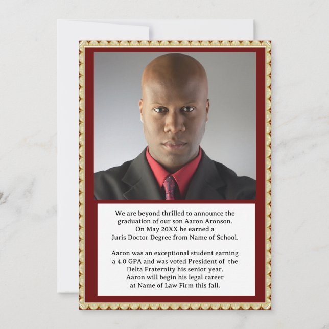 Foto de graduación Invitación Maroon y Oro (Reverso)