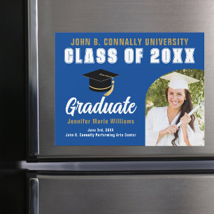 Foto de graduado azul y blanco Imán de graduación 