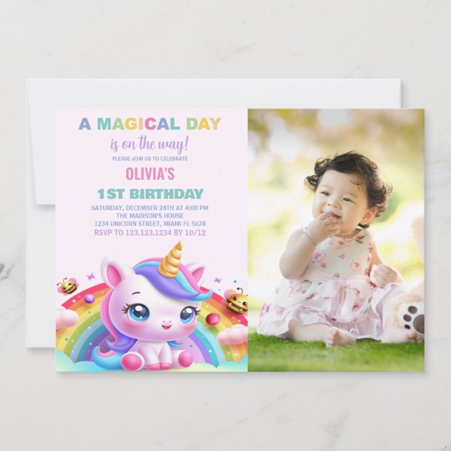 Foto de invitaciones a cumpleaños de Unicornio con (Anverso)