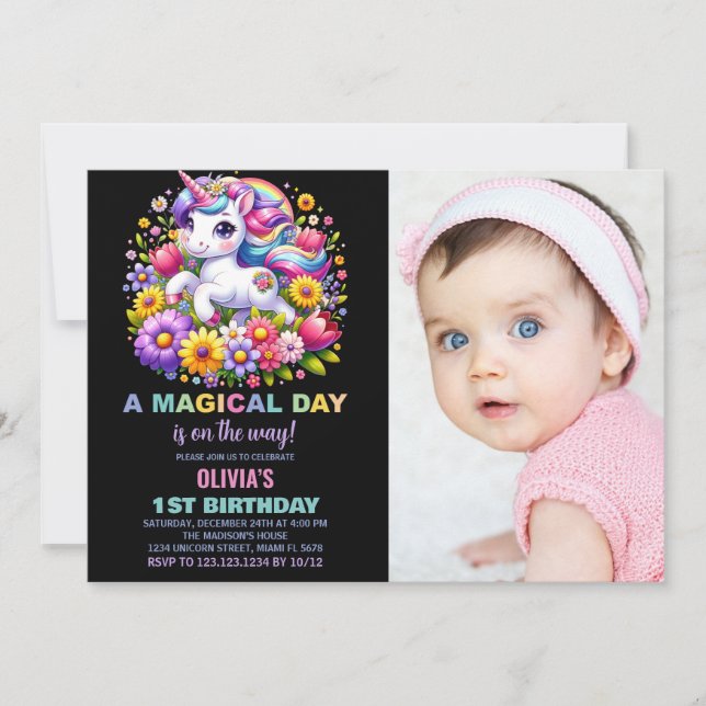 Foto de invitaciones a cumpleaños de Unicornio con (Anverso)