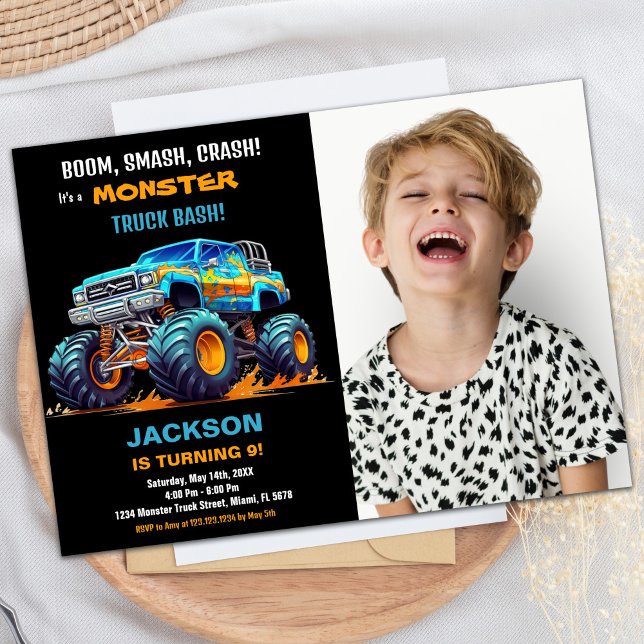 Foto de invitaciones de cumpleaños de Black Monste (Black Monster Truck Birthday Invitations Photo)