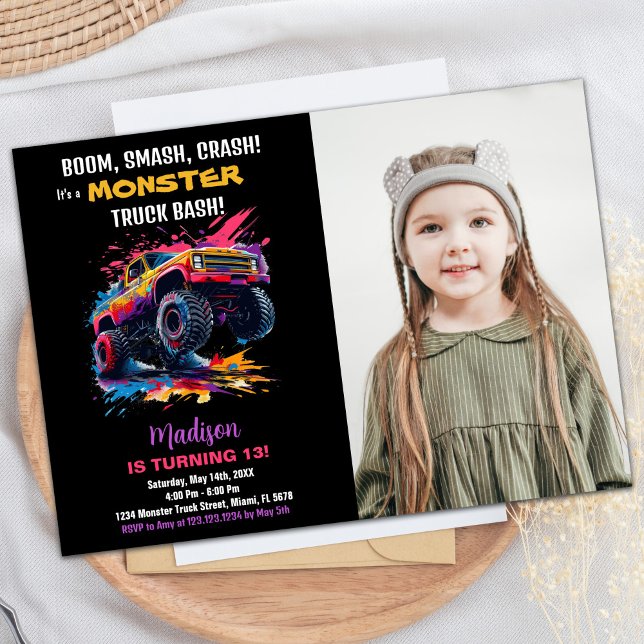 Foto de invitaciones de cumpleaños de Camión Rosad (Pink Monster Truck Birthday Invitations Photo)