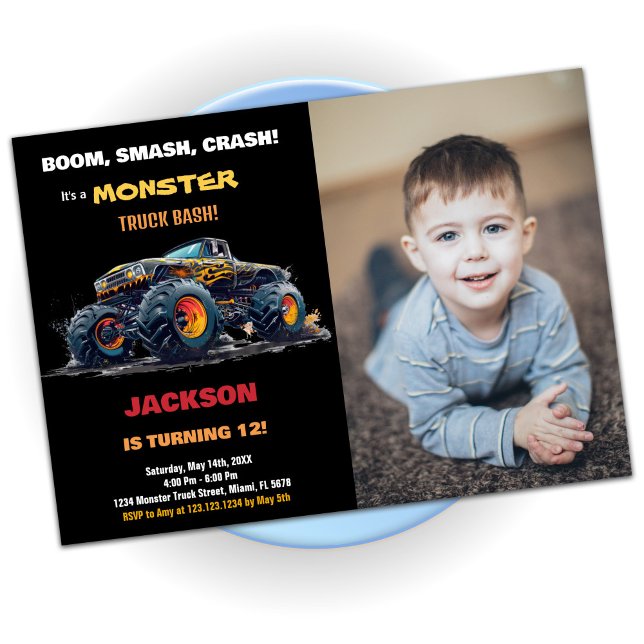Foto de invitaciones de cumpleaños de monstruo ama (Yellow Monster Truck Birthday Invitations Photo)