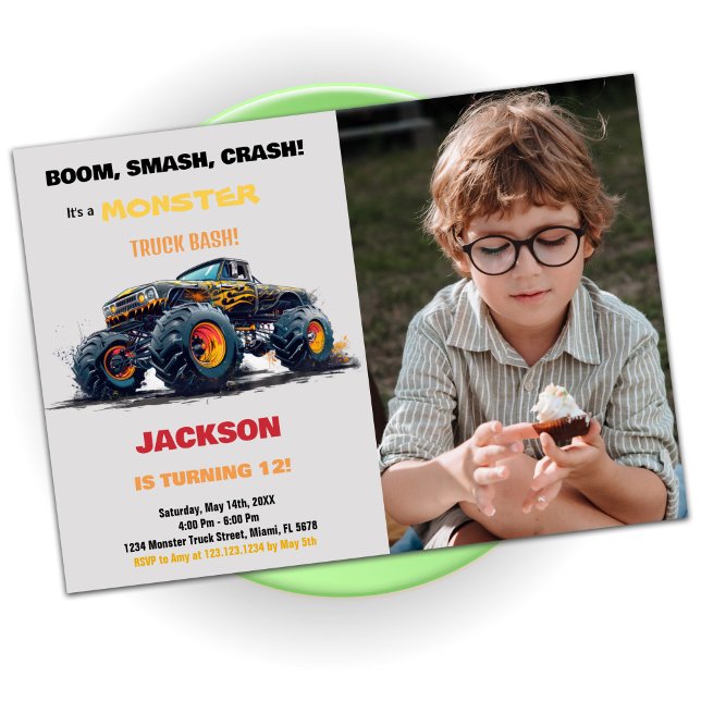 Foto de invitaciones de cumpleaños de monstruo ama (Yellow Monster Truck Birthday Invitations Photo)