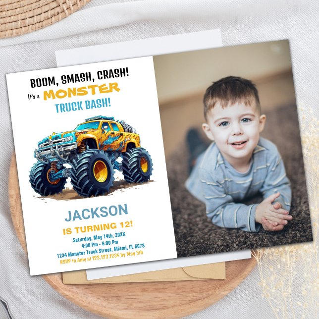 Foto de invitaciones de cumpleaños de monstruo ama (Yellow Monster Truck Birthday Invitations Photo)