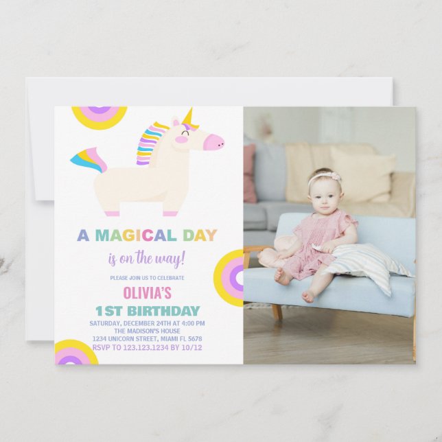 Foto de invitaciones de cumpleaños de Rainbow Unic (Anverso)