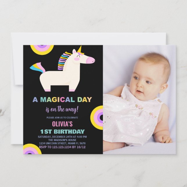 Foto de invitaciones de cumpleaños de Rainbow Unic (Anverso)