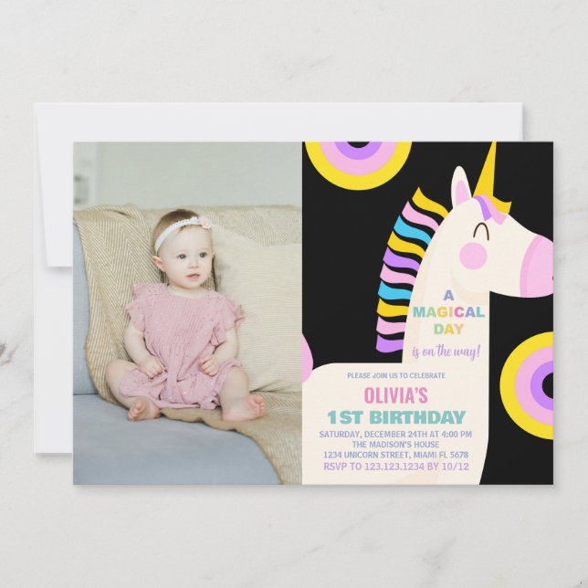 Foto de invitaciones de cumpleaños de Rainbow Unic (Anverso)