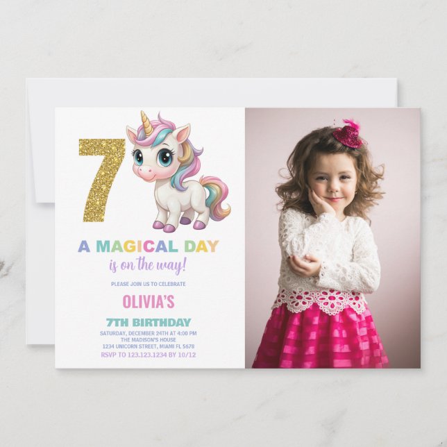 Foto de invitaciones de cumpleaños de Unicornio (Anverso)