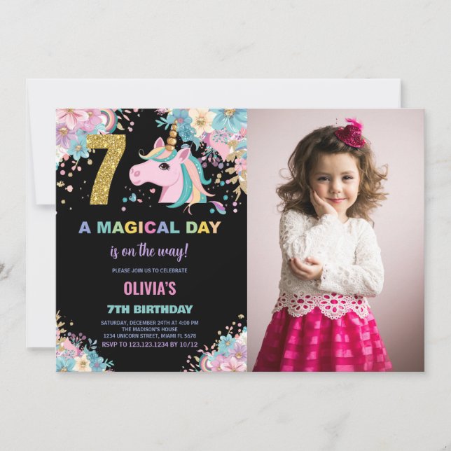 Foto de invitaciones de cumpleaños de Unicornio (Anverso)