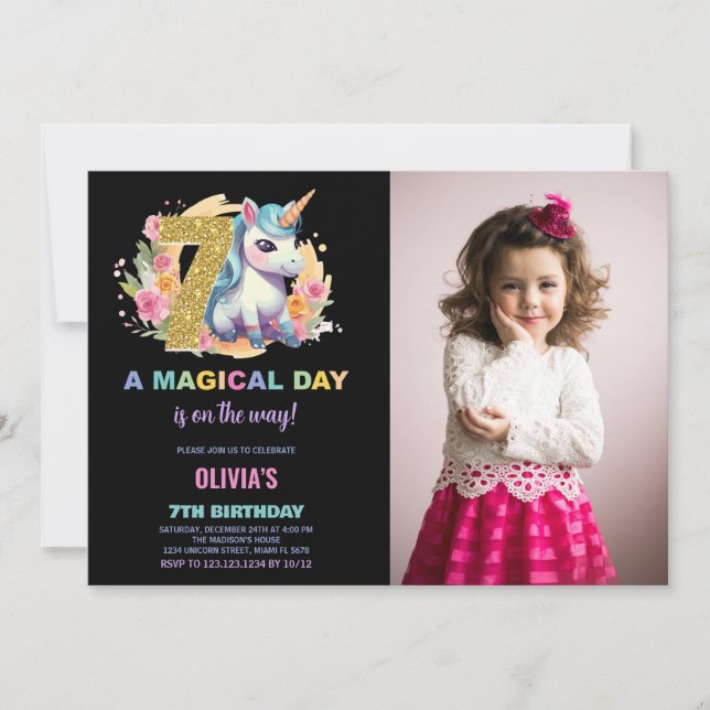 Foto de invitaciones de cumpleaños de Unicornio (Anverso)