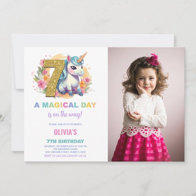 Foto de invitaciones de cumpleaños de Unicornio (Anverso)