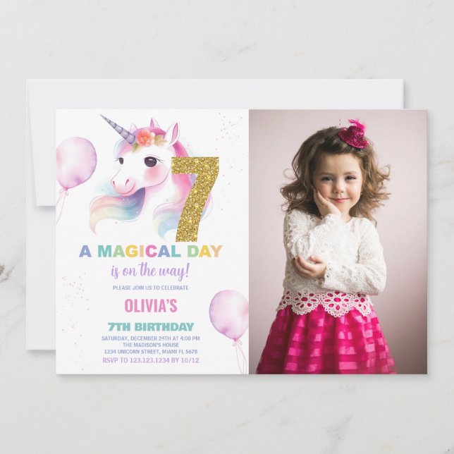 Foto de invitaciones de cumpleaños de Unicornio (Anverso)
