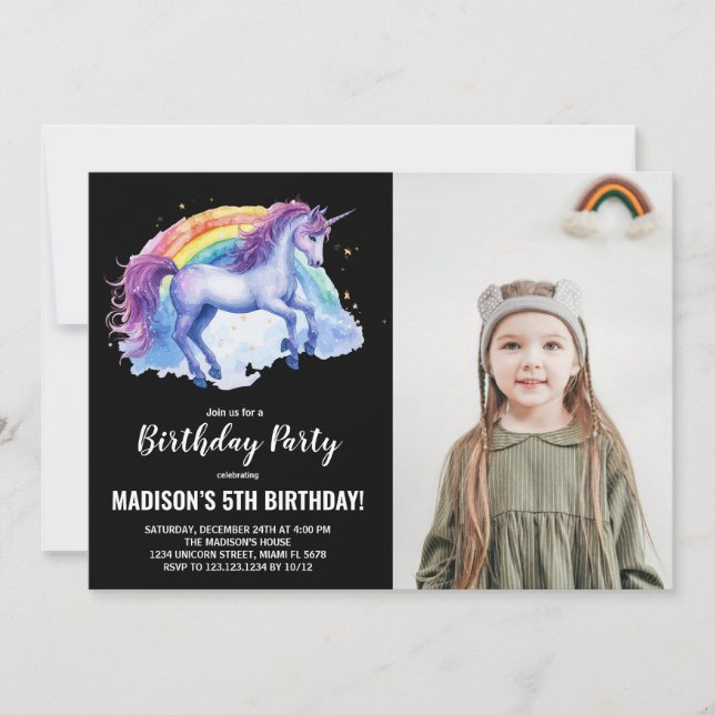 Foto de invitaciones de cumpleaños de Unicornio bl (Anverso)