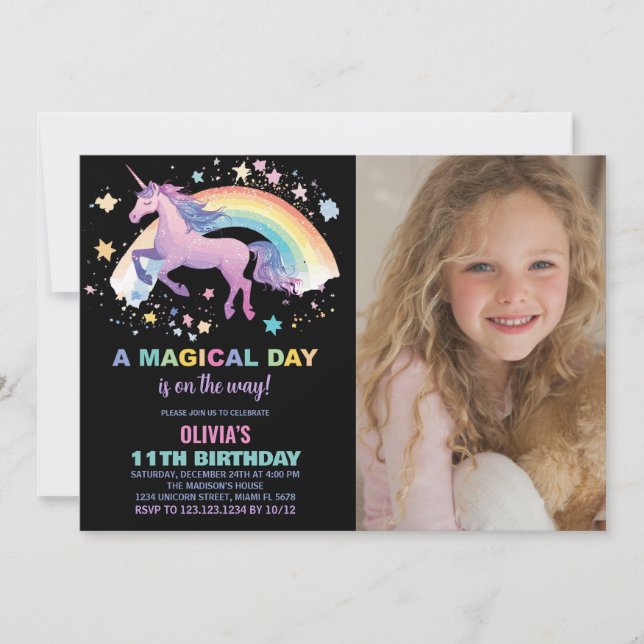 Foto de invitaciones de cumpleaños de Unicornio, e (Anverso)