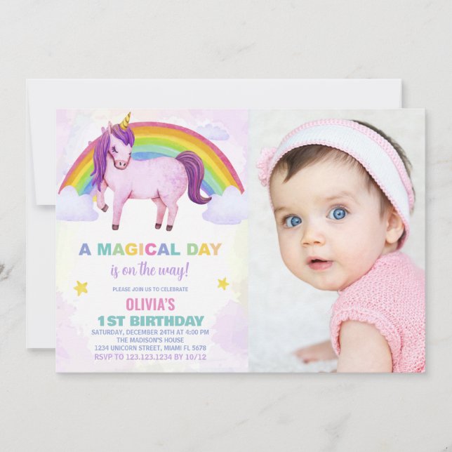 Foto de invitaciones de cumpleaños de Unicornio en (Anverso)