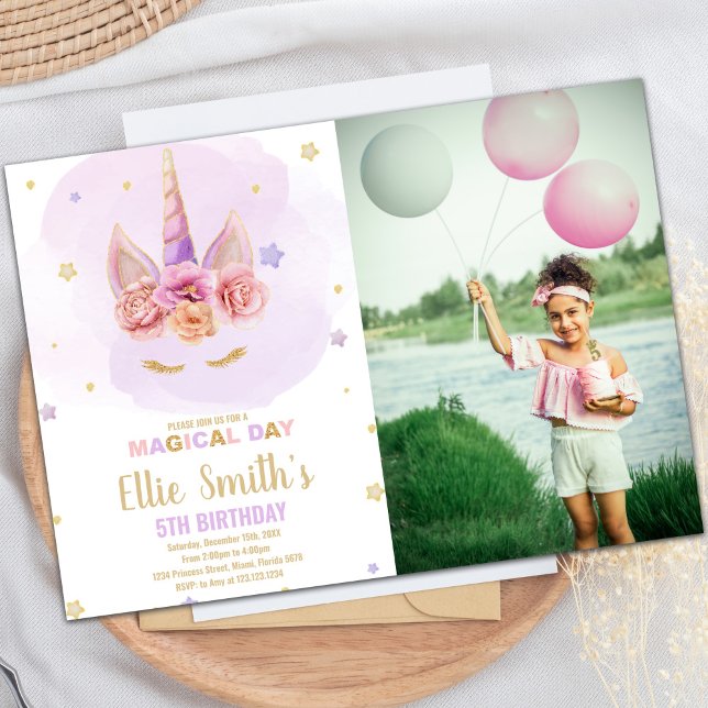 Foto de invitaciones de cumpleaños de Unicornio, P (Purple Glitter Unicorn Birthday Invitations Photo)
