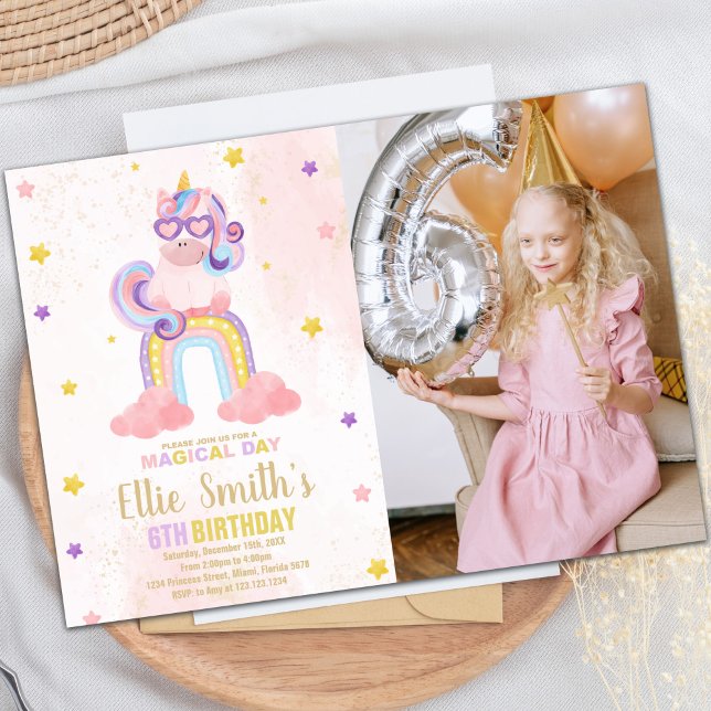 Foto de invitaciones de cumpleaños de Unicornio ro (Watercolor Pink Unicorn Birthday Invitations photo)