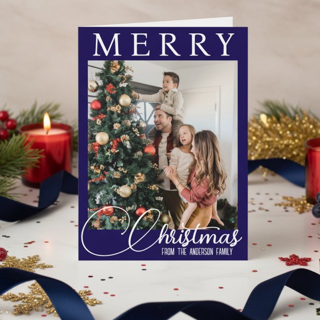 Foto De La Familia De Navidad Blue And White Merry (Blue And White Merry Christmas Family Photo Holiday Card)