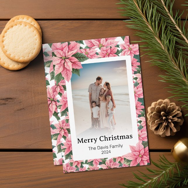 Foto de la familia Feliz Navidad Poinsettia rosa (A pink poinsettia Christmas card customizable with your family photograph and name)