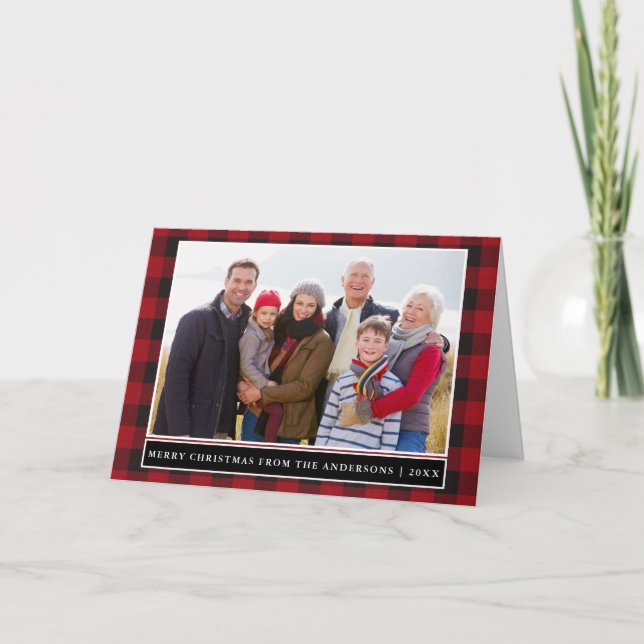 Foto de la familia Red Plaid con Feliz Navidad dob (Anverso)