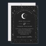 Foto de la invitación a la boda de arcos celestes<br><div class="desc">Invitación a bodas con temática estelar y luna de miel con fondo negro y texto blanco con elementos. También puedes añadir tu propia foto en la parte posterior. Personalizar el color del patrón estrella,  fondo,  relleno de arco y elemento lunar!</div>