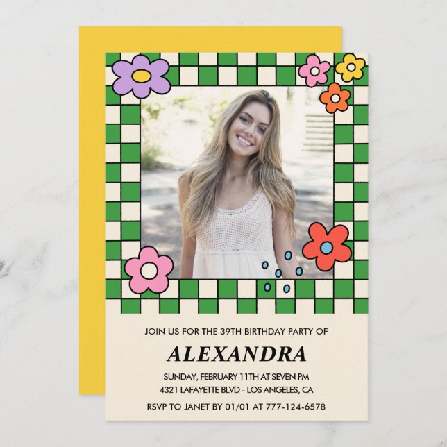 Foto de la invitación por 39 años Retro Groovy Flo (Anverso / Reverso)