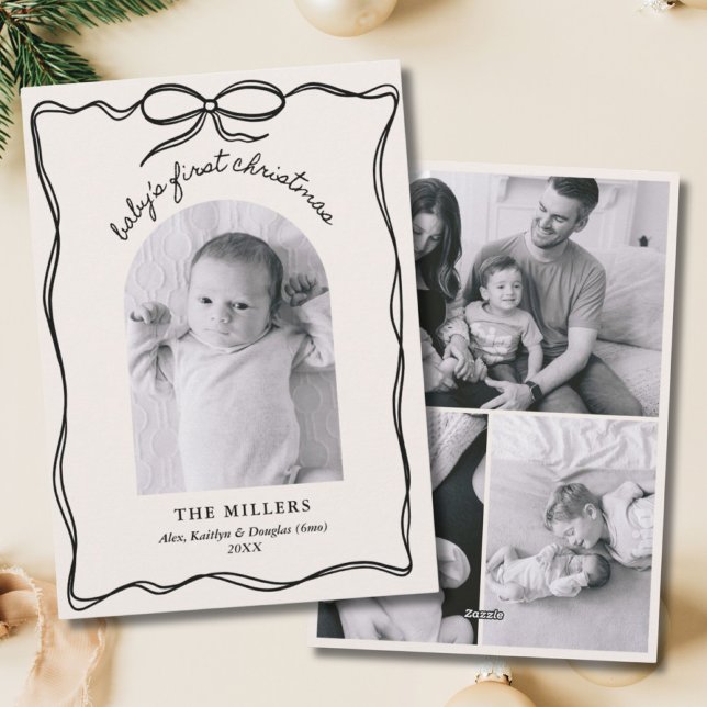 Foto de la primera familia de navidad de bebé negr (Vintage Black Bow Baby's 1st Xmas Family Photo Holiday Card
)