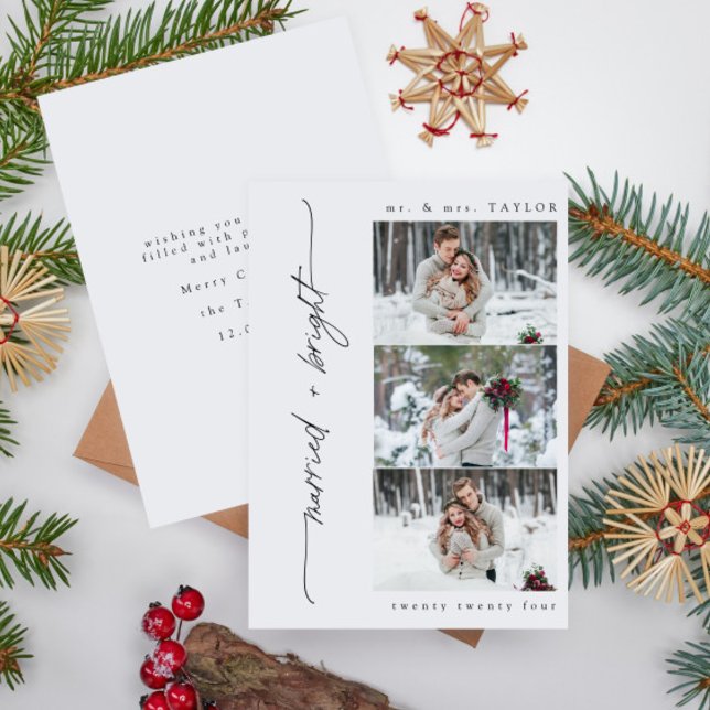 Foto de la primera Navidad recién casada y brillan (Easily personalize this merry + bright holiday wedding announcement with your photos and details!)