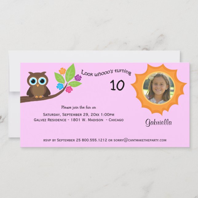 Foto de lechuza Fiesta infantil invita a fondo ros (Anverso)