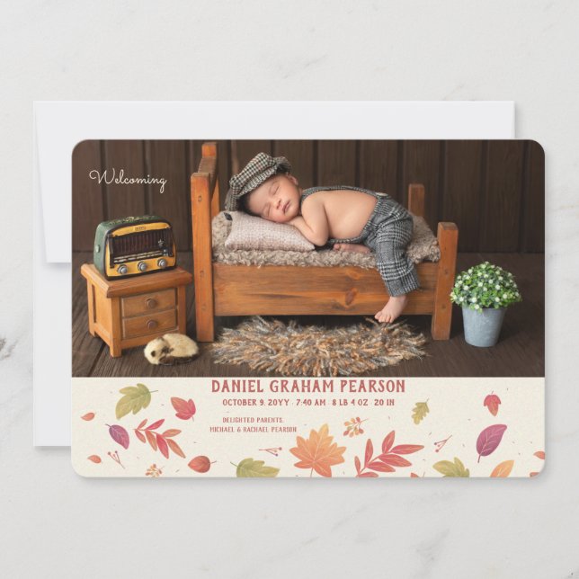 Foto de llegada al otoño, anuncio de nacimiento (Anverso)
