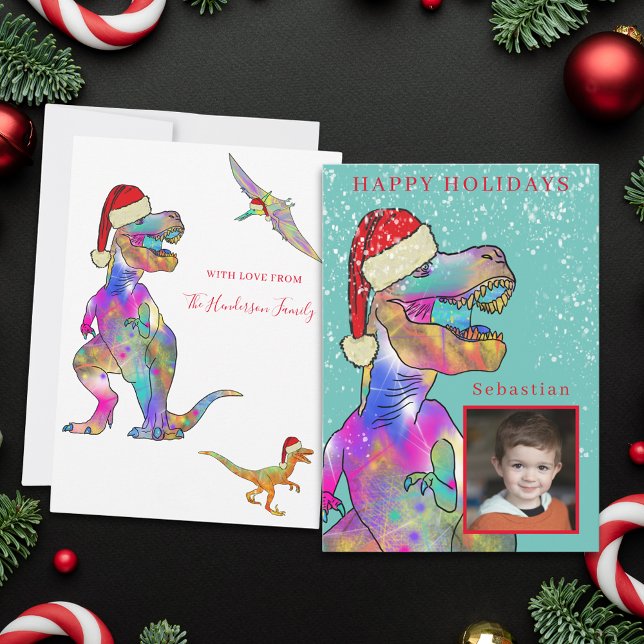 Foto de los chicos dinosaurios de Navidad (Christmas dinosaur custom photo family holiday greetings card)