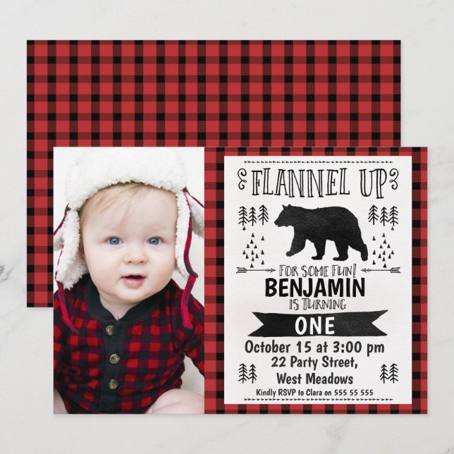 Foto de Lumberjack 1er cumpleaños Invitación (Anverso / Reverso)