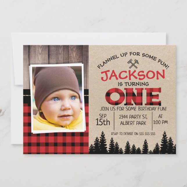 Foto de Lumberjack Invitación al primer cumpleaños (Anverso)