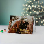 Foto de Merry Christmas Script<br><div class="desc">Esta moderna y vibrante tarjeta de Navidades muestra tu foto personal en la parte delantera,  con un moderno guión en blanco,  y un rico patrón de puntos polka en la parte trasera. Foto de plantilla a través de Pixabay bajo licencia CC0 y debe ser reemplazada por su propia foto</div>