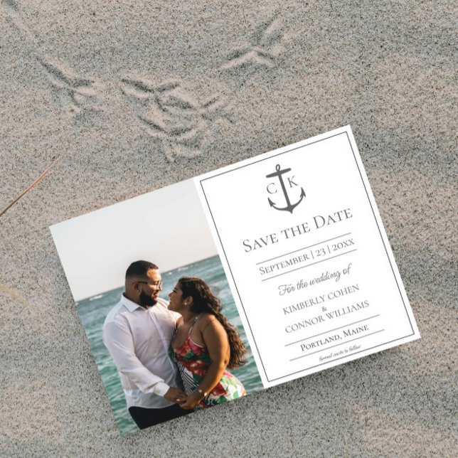 Foto de monograma náutico blanco para anuncio de f (White Nautical Monogram Photo Save the Date)