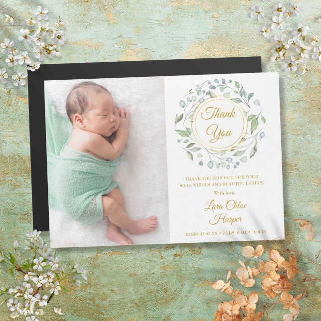 Foto de nacimiento con verde y dorado, gracias  (Baby Birth Photo Greenery Gold Thank You)