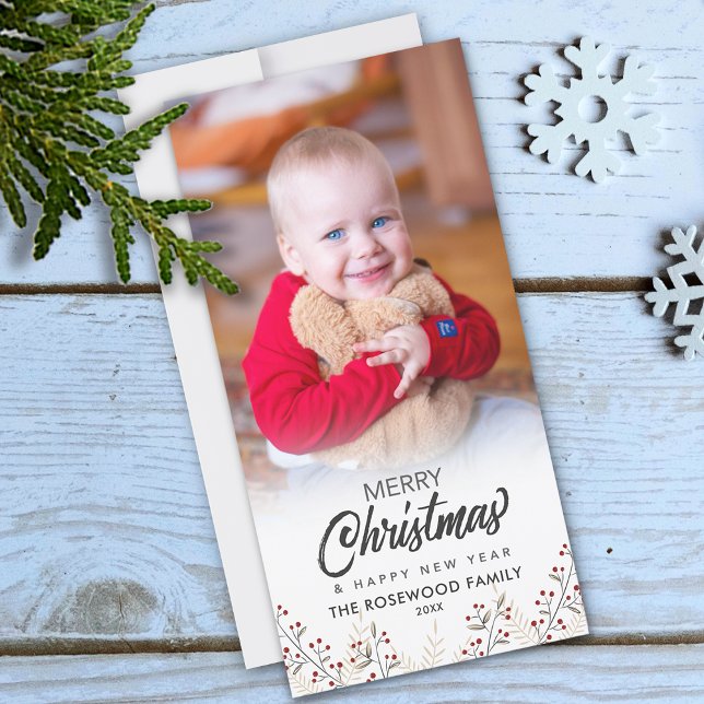 Foto de Navidad Año Nuevo Bayas de Acebo (Holly Berries Merry Christmas New Year Photo Holiday Card)