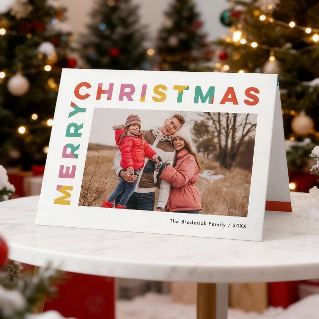Foto de Navidad audaz y colorida  (bold, modern, colourful Merry Christmas folded card with photo insert.)