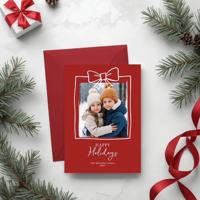 Foto de Navidad con Arco Dibujado a Mano Doddle (Doodle Christmas Hand-Drawn Bow Ribbon Holiday Card)
