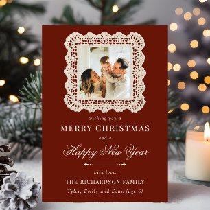 Foto de Navidad con encaje vintage burgundy y marf